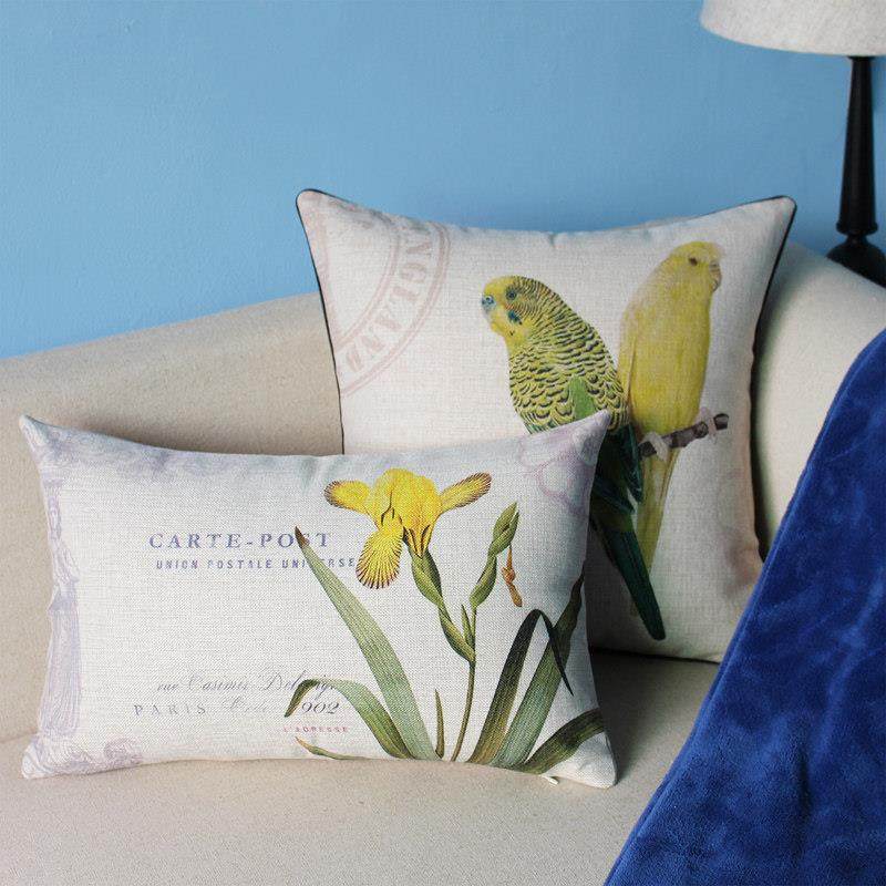 北欧田园清新花鸟棉麻沙发抱枕椅子靠垫靠背含芯长方形大号靠枕套