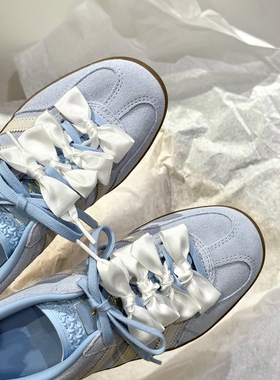 丝绸鞋带德训鞋芭蕾风diy百搭蓝白色蕾丝带可拆卸运动鞋珍珠鞋绳