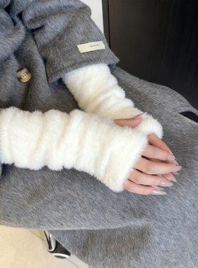 白色软糯毛绒半指手套女2025新款冬季加绒保暖可爱仿兔毛触屏手套