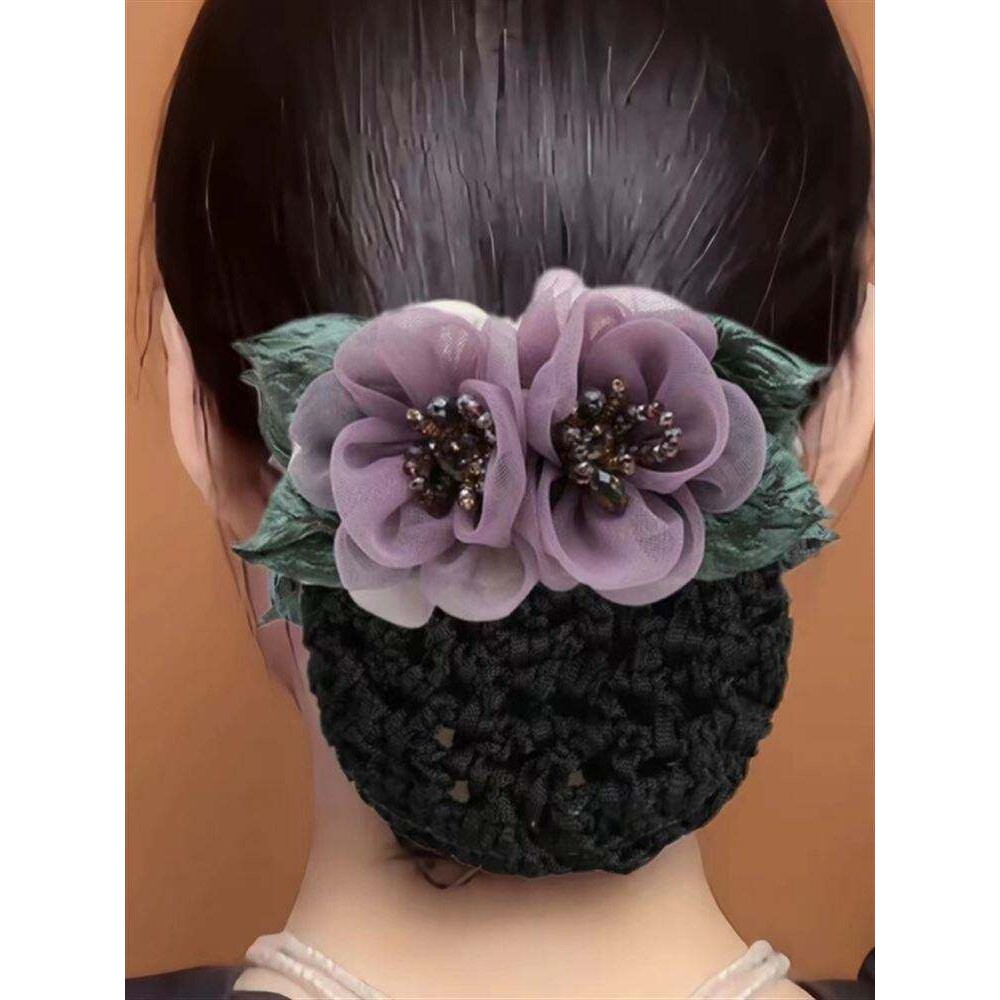 韩版气质花朵发网职业头花盘发网兜女后脑勺发夹头饰