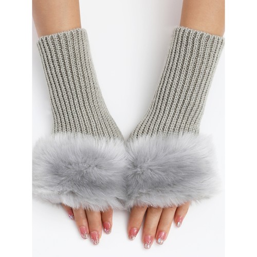 细纹短款毛毛手套新款欧美秋冬毛线手套女假袖子针织保暖露指臂套