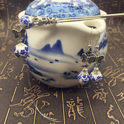 新中式青花陶瓷流苏发簪小众设计步摇簪子发钗女文艺古风耳环