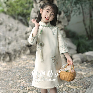 民国女童旗袍国风2025新款冬季长袖小女孩儿童新中式连衣裙女大童