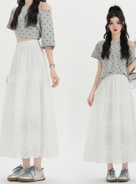法式白色半身裙女长裙春夏中长款甜美镂空刺绣花边蛋糕裙伞裙