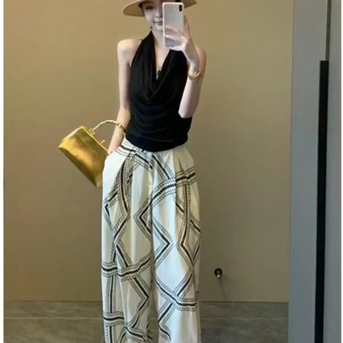 高个子超长老钱风格纹印花休闲裤女夏松弛感慵懒高腰阔腿裤