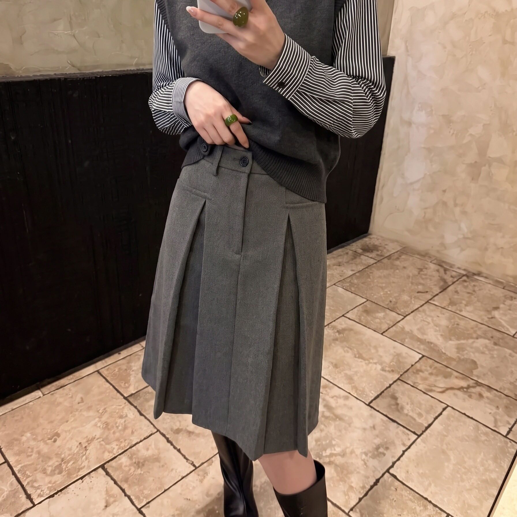老钱版型 捏褶毛呢百搭休闲百褶裙中长款秋冬半身裙女