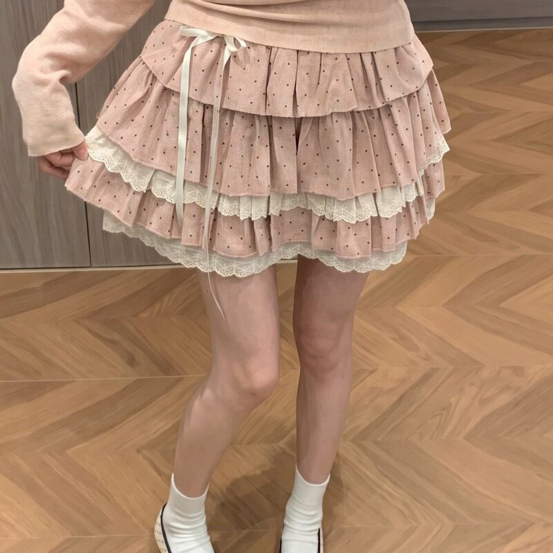 少女感蕾丝花边波点蛋糕裙女秋季蝴蝶结高腰A字麂皮绒短裙