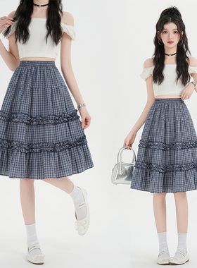 韩系小清新蓝色格纹半身裙女2026春夏新款木耳边百搭A字中裙