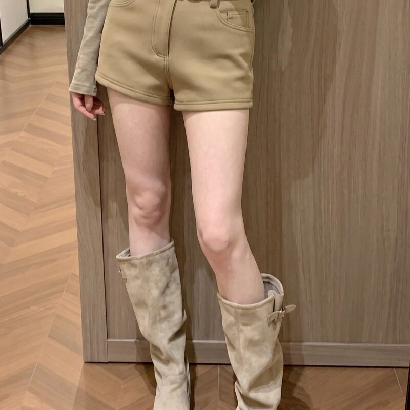 秋冬百搭弹力靴裤高腰显瘦加绒加厚短裤修身女配腰带