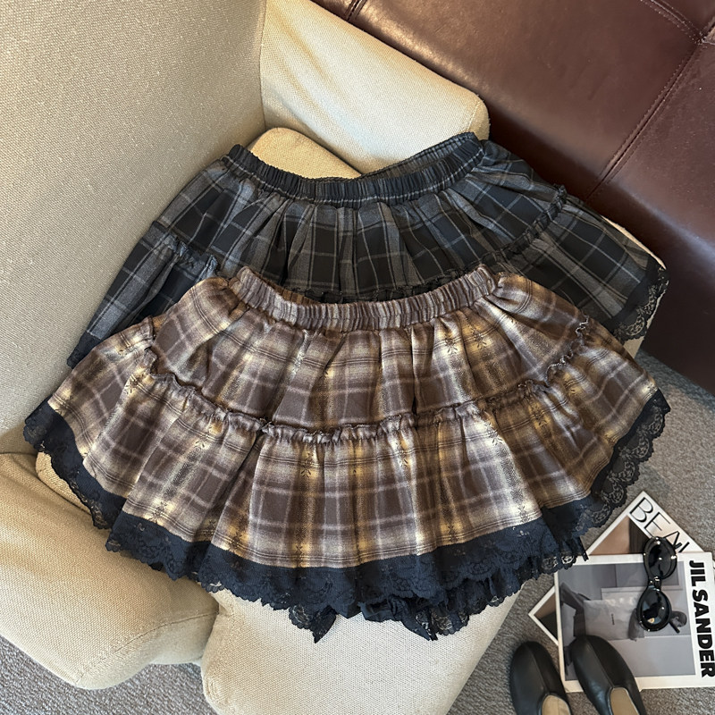 学院风格子拼接蕾丝花边半身裙松紧腰蓬蓬A字呢子短裙防走光