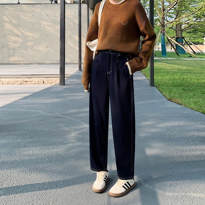 好质量窄版阔腿裤针织牛仔女春款松紧腰直筒裤弹力哈伦裤女