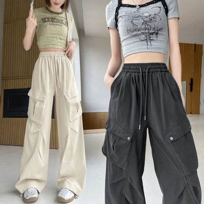 工装裤女秋冬2025新款高腰垂感大口袋休闲裤阔腿美式运动裤