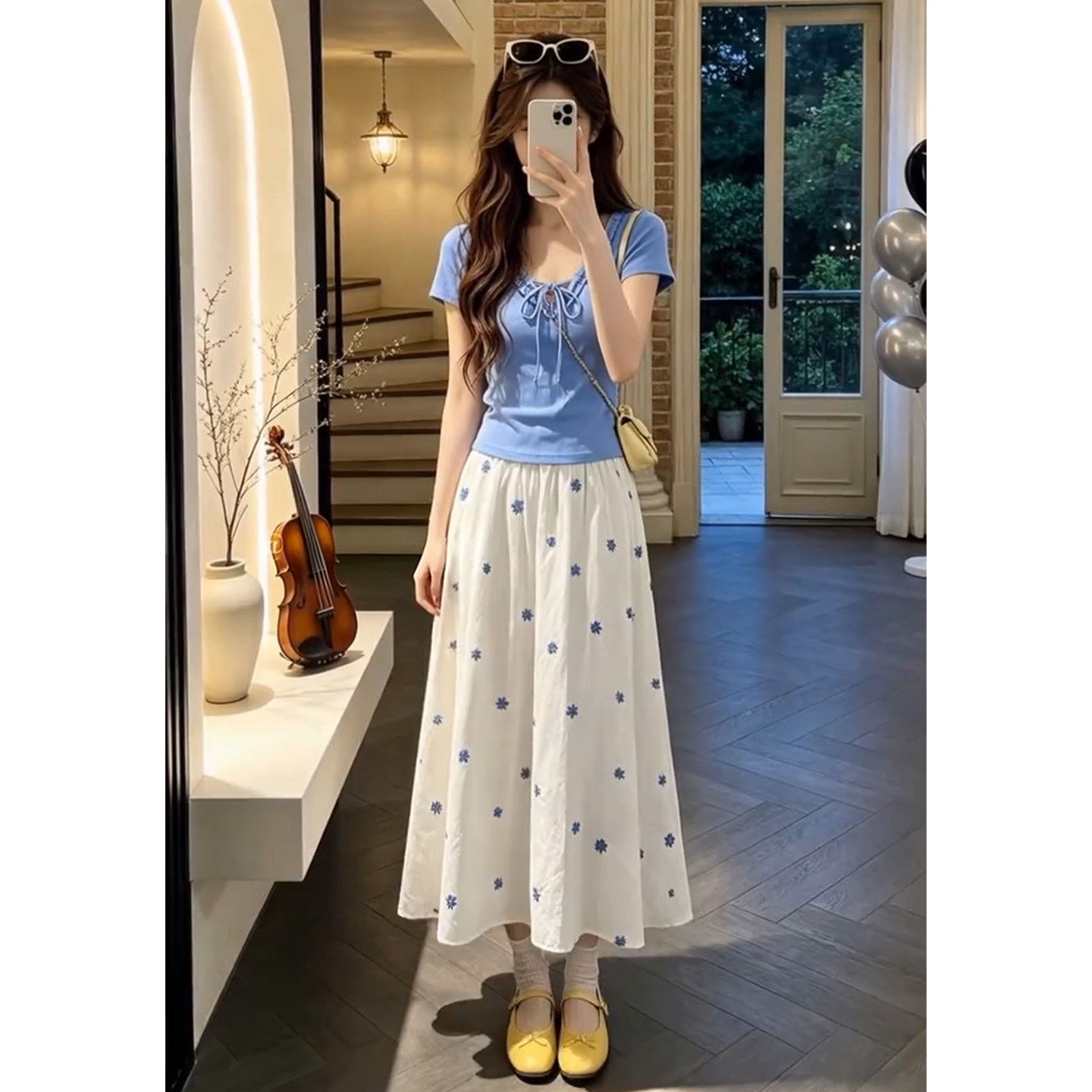 2026新款蓝色T恤半身连衣裙女夏季小个子巨好看穿搭一整套装长裙