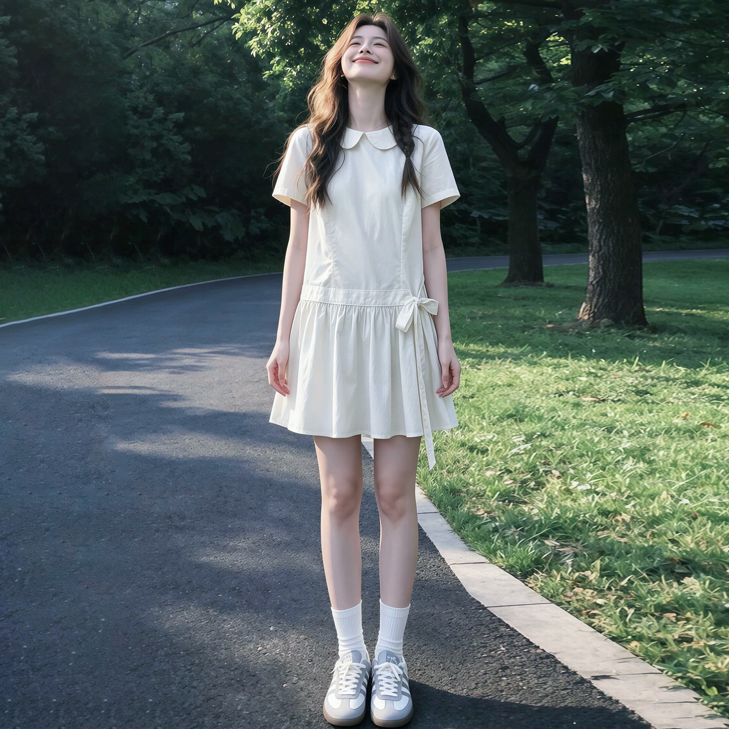 学院风娃娃领白色短袖连衣裙子女夏季2026新款小个子收腰a字短裙