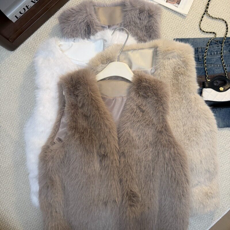 秋冬新款长毛毛V领马甲高级感纯色百搭环保皮草外套女