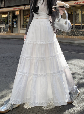 甜美风白色花边蛋糕半身裙女新款高腰a字减龄木耳边长裙