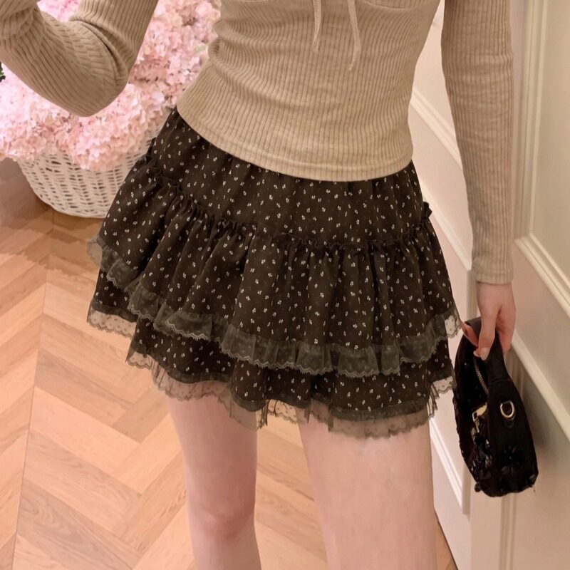 复古蕾丝拼接碎花松紧高腰荷叶边薄呢子半身裙短裙蛋糕裙女