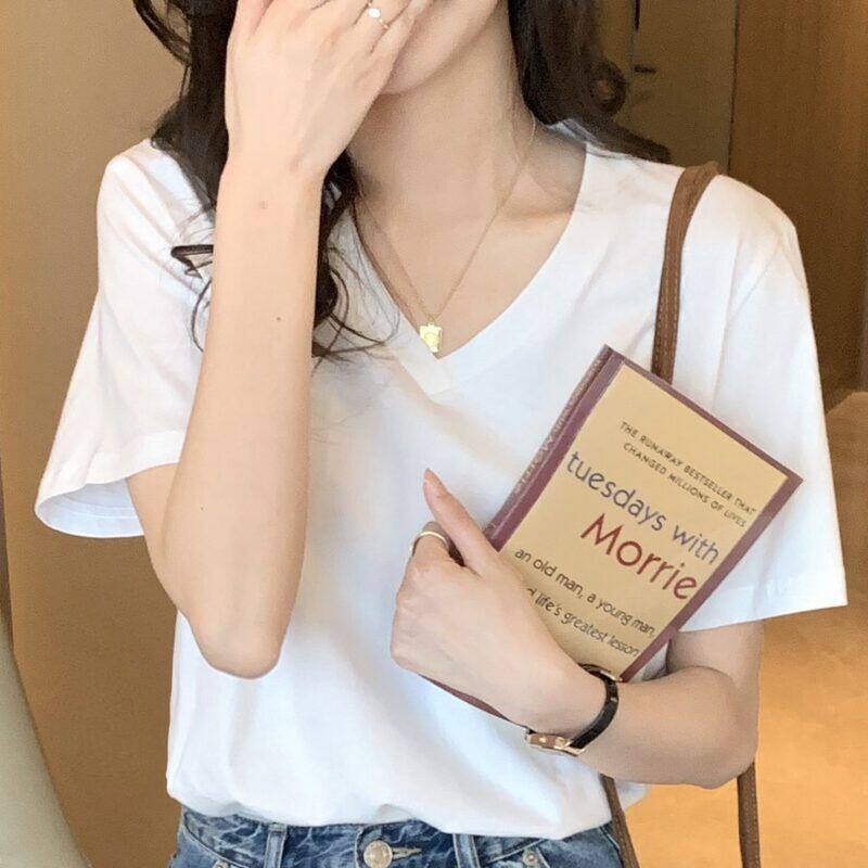 v领t恤女短袖白色宽松显瘦2025年夏季新款纯棉正肩鸡心领纯色上衣
