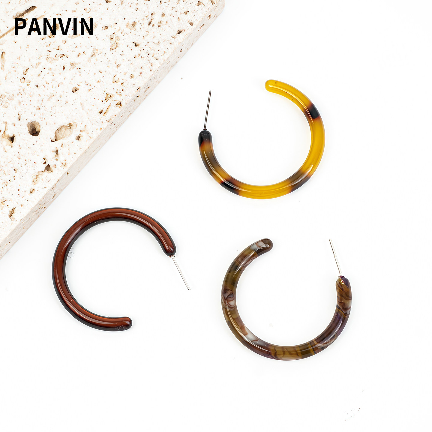 PANVIN锦绣环复古玳瑁色C型圆圈耳环女亚克力耳钉简约百搭