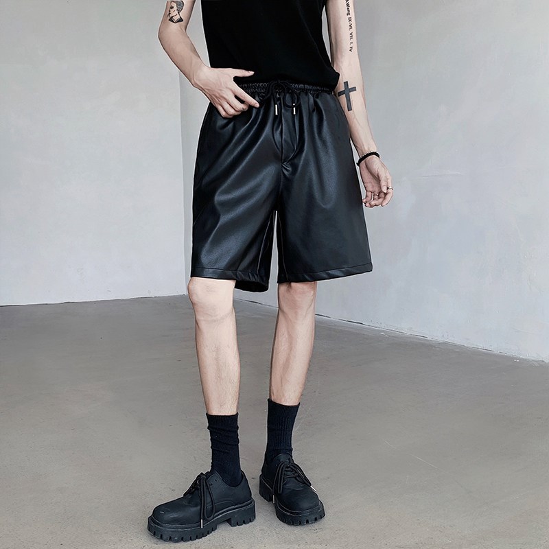 夏季美式简约PU皮短裤男女宽松暗黑街头宽松休闲五分裤高级感皮裤图片