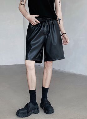 夏季美式简约PU皮短裤男女宽松暗黑街头宽松休闲五分裤高级感皮裤