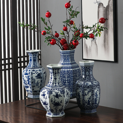 仿古手绘青花瓷花瓶摆q件中式古香古色客厅陶瓷花瓶新中式花瓶摆