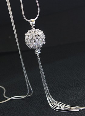 2021年新款韩版流苏长款项链女时尚气质立体水晶花朵毛衣链装饰品