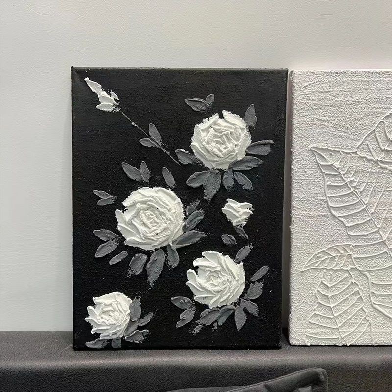 黑白玫瑰肌理画diny材料工具包红玫瑰丙烯石英砂简约手工装饰画