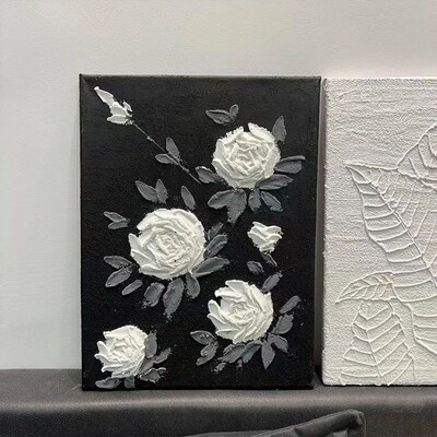 黑白玫瑰肌理画diny材料工具包红玫瑰丙烯石英砂简约手工装饰画