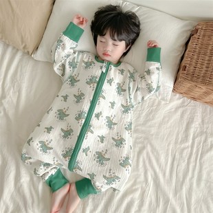男宝恐龙睡袋春夏薄款纯棉无骨连体衣女宝纱布长袖长裤护肚空调服