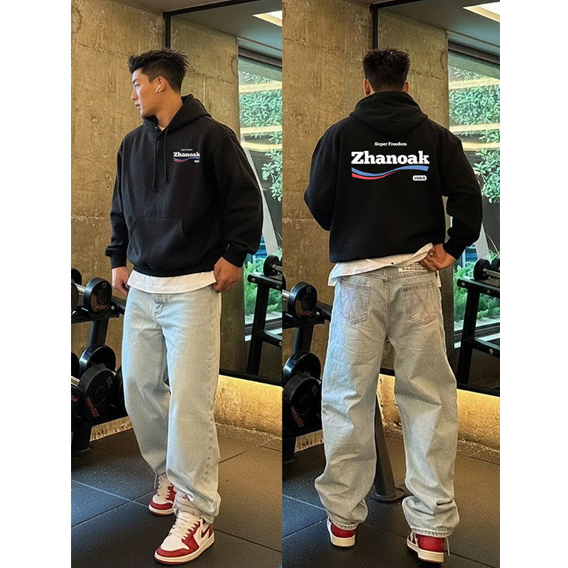 美式潮牌cleanfit设计感连帽卫衣男加绒加厚宽松字母印花时尚上衣