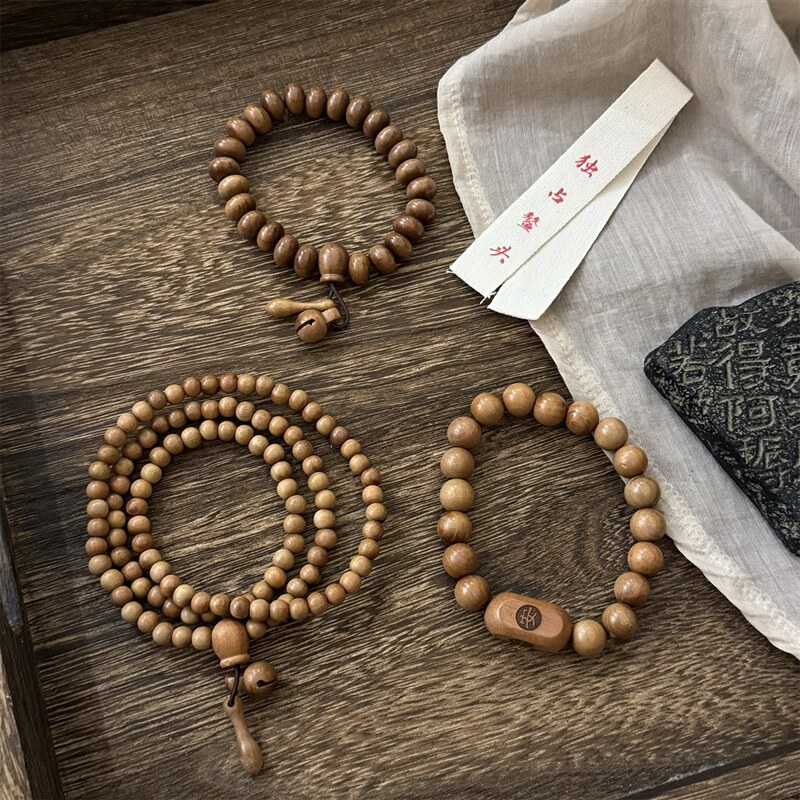 桃木铃铛小木鱼手串民族风108颗念珠文玩情侣天然手链