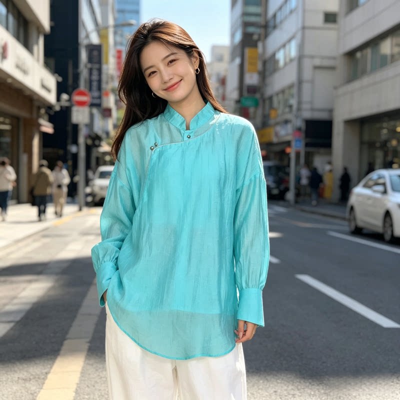 民族风立领斜襟夏季防晒衬衫女