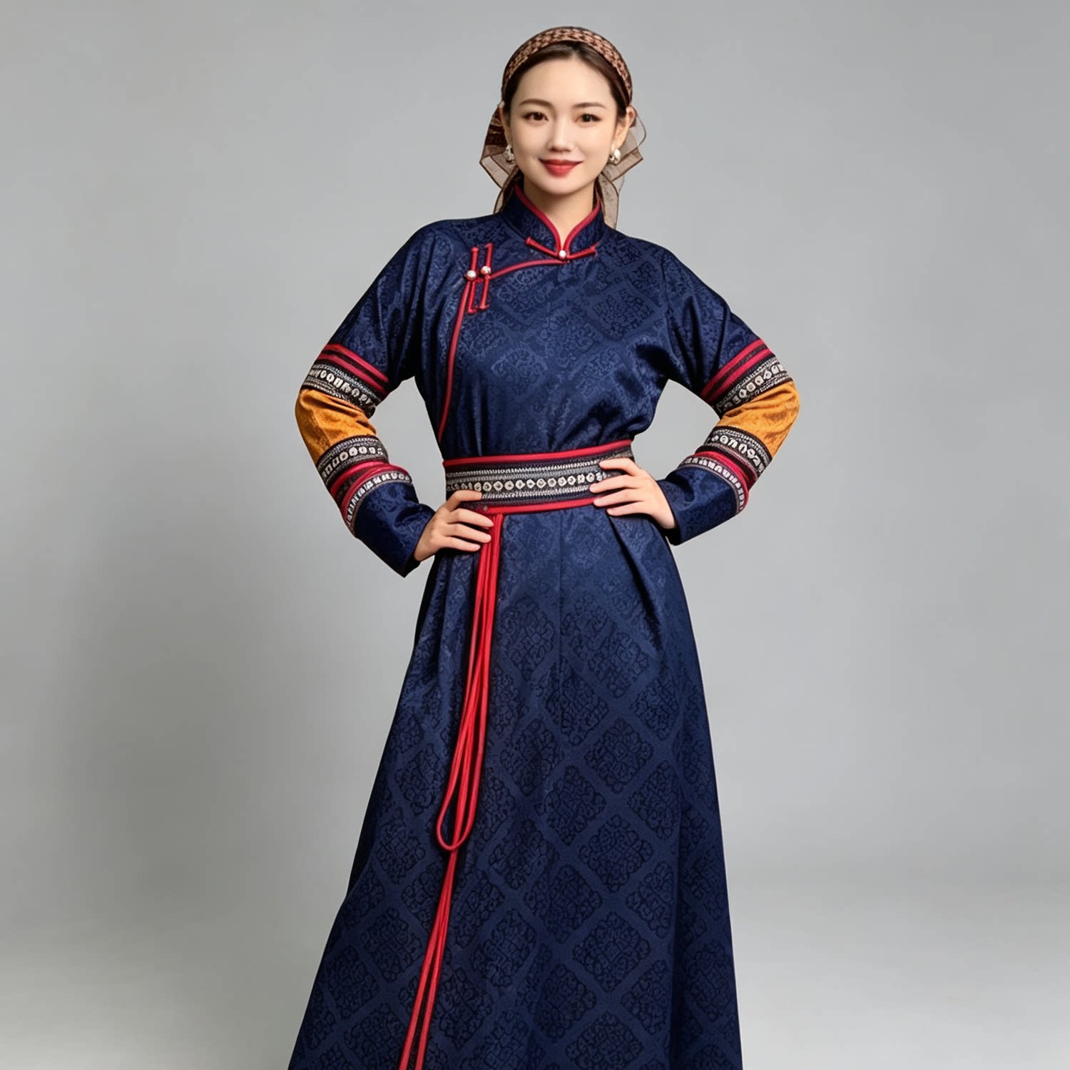 蒙古袍连衣裙女民族风立领盘扣复古缎面提花长款中式礼服日常穿搭