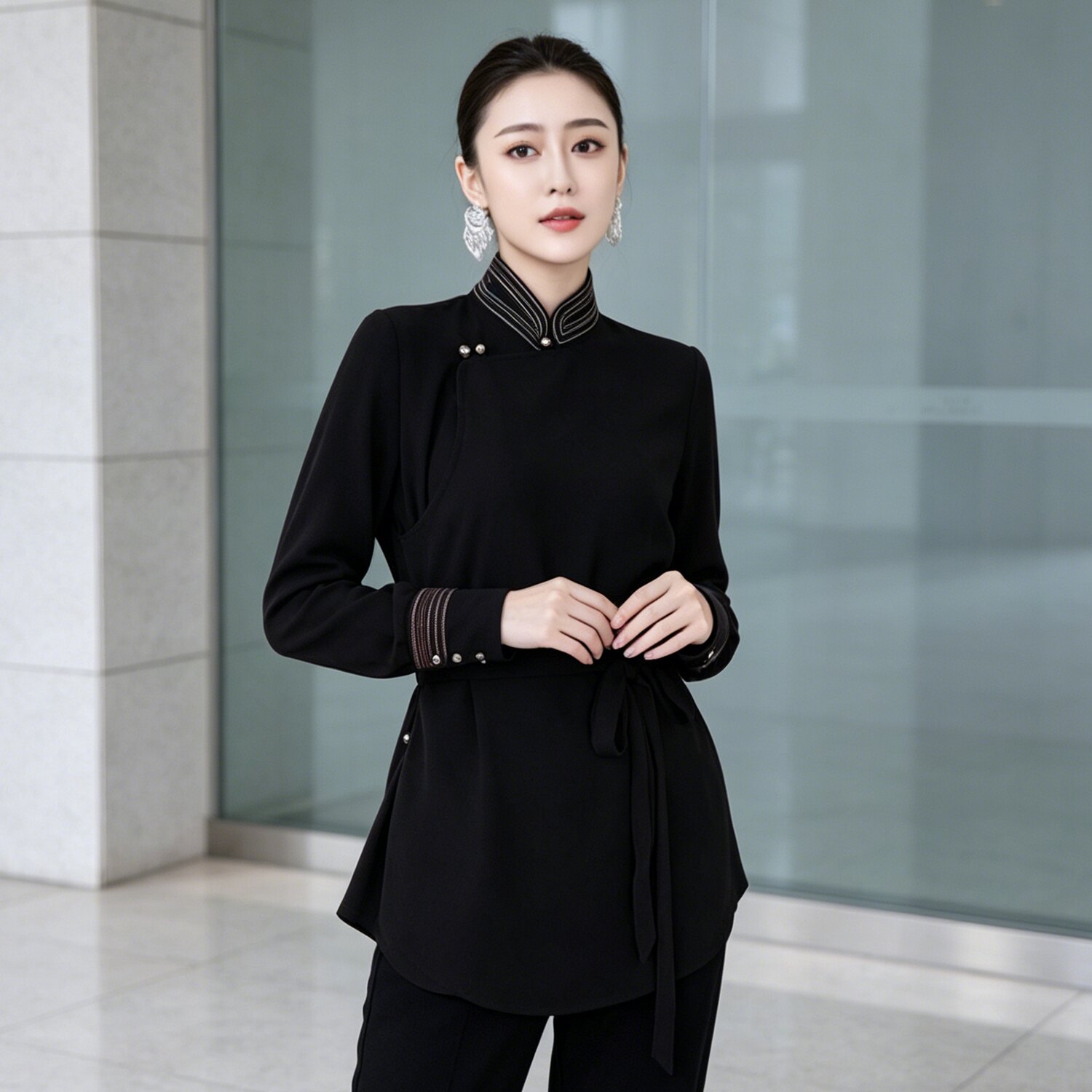蒙古服装女上衣春夏新款长袖开衫纯色立领修身气质民族风打底衬衫