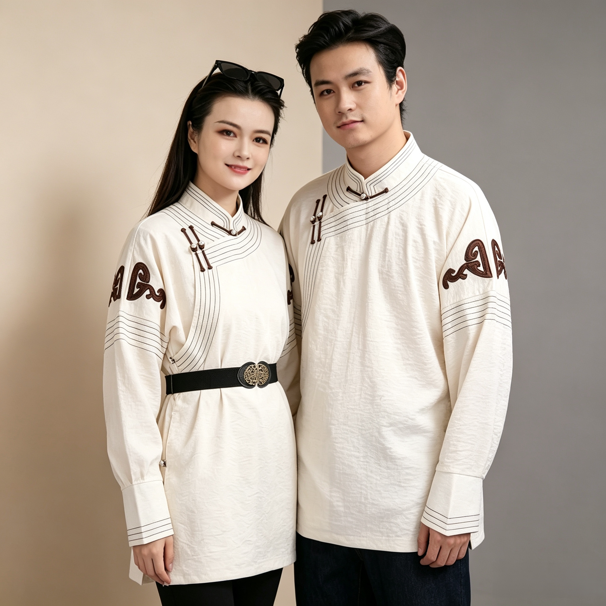 新中式情侣款麻料立领盘扣薄衬衫图片