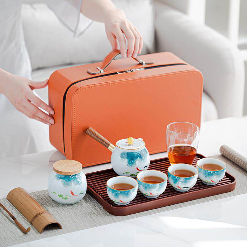 手绘堆雕填彩荷鱼侧把壶茶壶茶盘可携式手提功夫茶具旅行套组定制