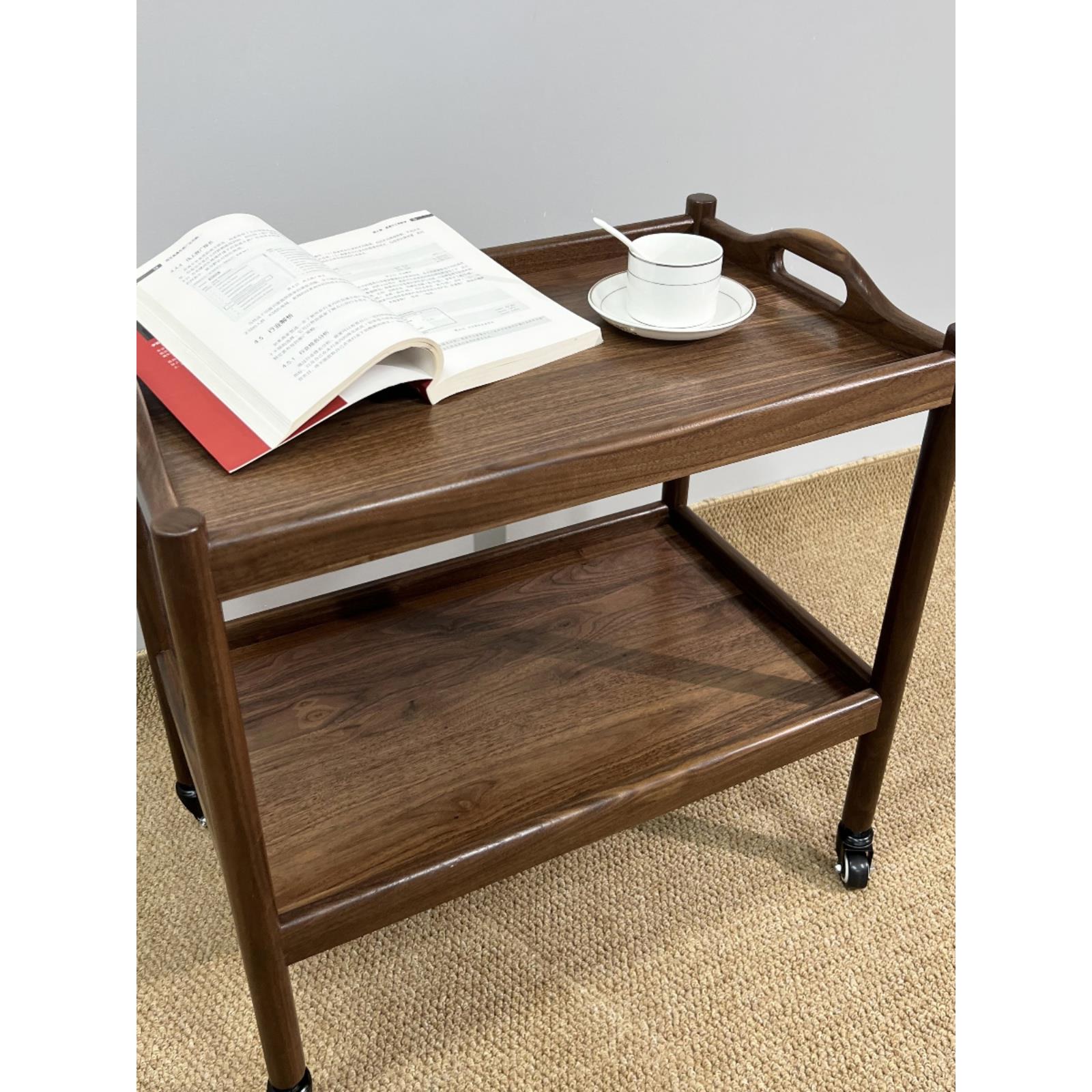 北欧边几小推车客厅沙发黑胡桃可移动带轮茶几桌实木角几