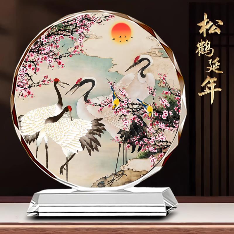 松鹤延年仙鹤水晶摆件中式装饰品送爷爷奶奶长辈生日祝寿礼品摆台