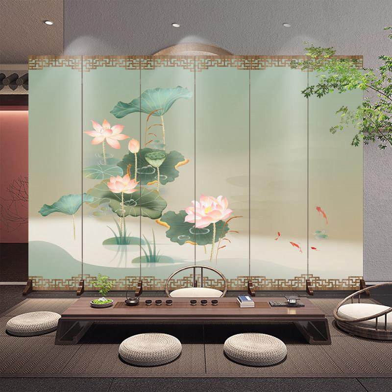 中式屏风隔断假墙客厅折叠移动遮挡酒店茶楼意境荷花竹子双面折屏