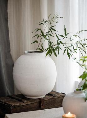 白色大号粗陶花瓶仿陶瓷落地大码插花客厅摆件月亮陶罐复古花器