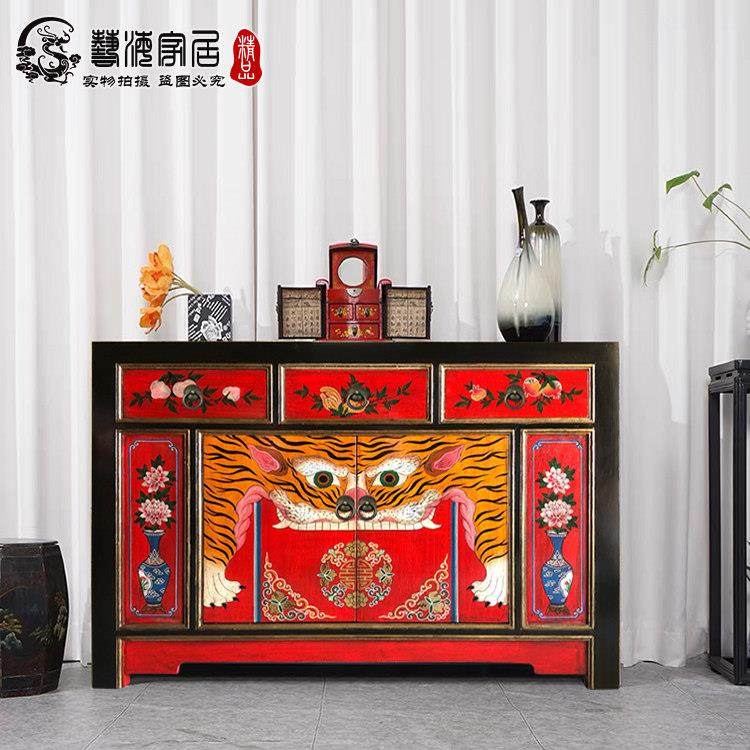 中式实木家具门厅柜复古玄关柜手绘三屉二门做旧鞋柜彩漆隔断柜