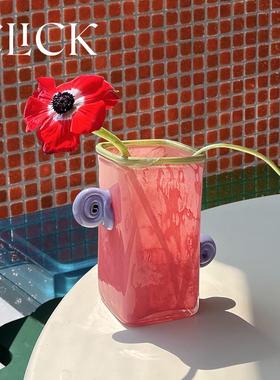 click覆古小耳朵方形花瓶装饰摆件小众彩色琉璃花瓶北欧风多巴胺