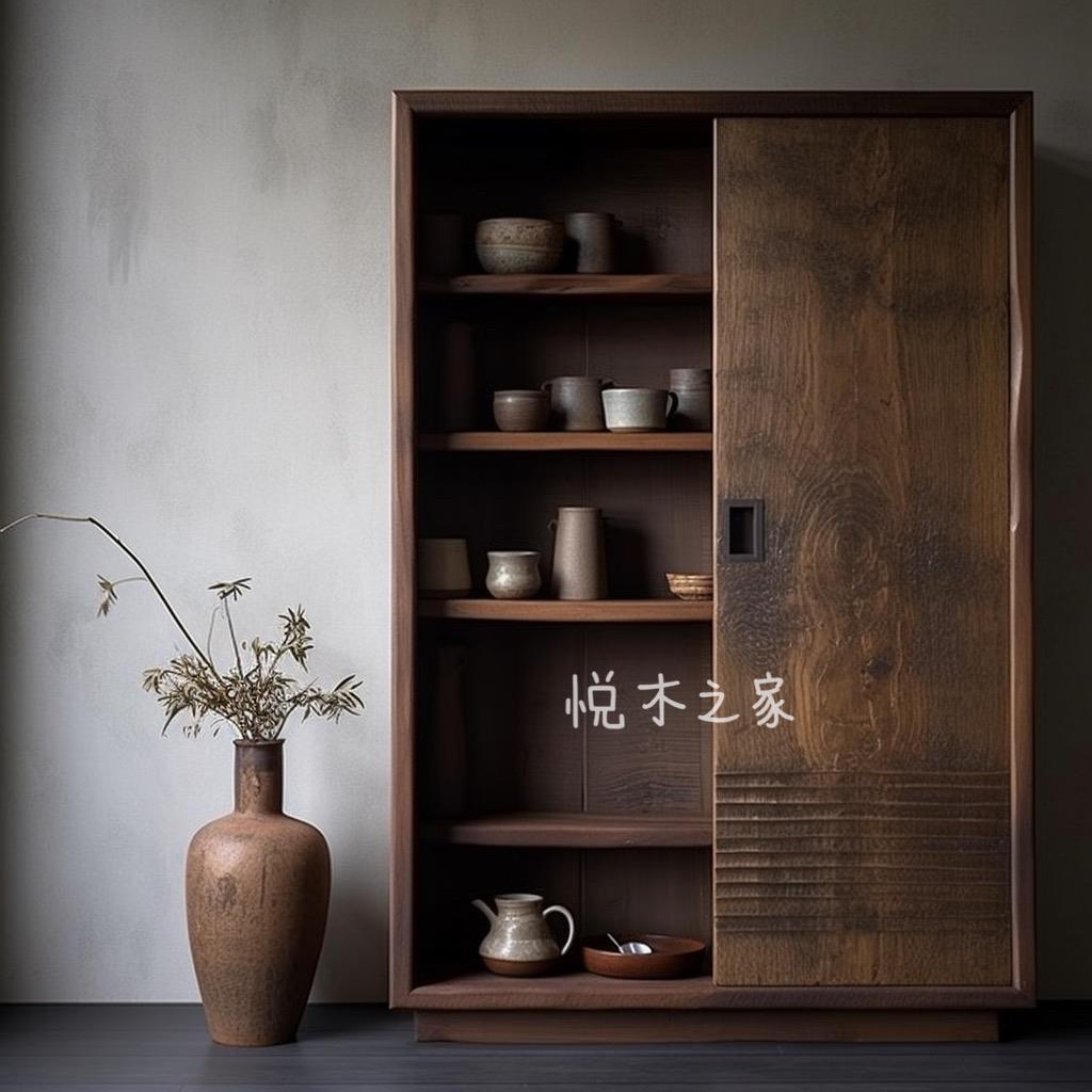 侘寂风柜子老榆木边柜实木柜子博古架餐边柜茶叶架子多宝阁置物架