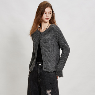 myall格雷系圆领长袖针织开衫女2025秋季新款修身显瘦毛边外套
