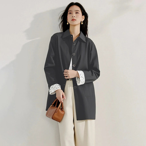 myall韩系百搭袖口拼接花边中长外套女2025秋季新款宽松休闲外套