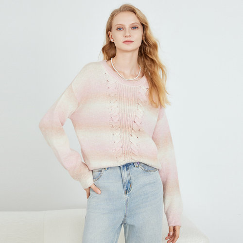 myall粉色晕染圆领套头针织衫女2025秋季新款氛围感渐变显瘦毛衣