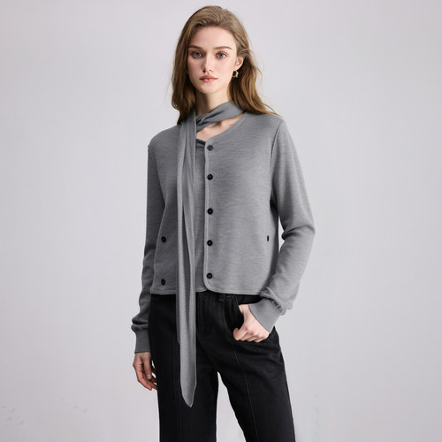 myall设计感围脖一体圆领针织开衫2025秋季新款不规则修身打底衫