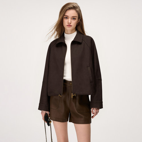 myall麂皮绒休闲斜肩短外套女2025秋季新款复古气质翻领夹克上衣