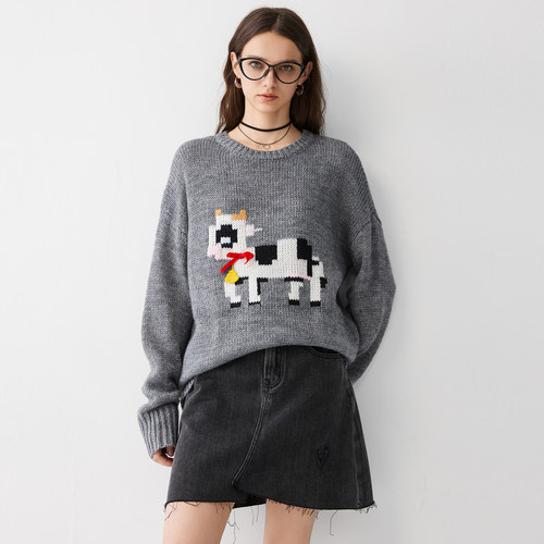 myall慵懒风卡通动物图案圆领套头针织衫女2025秋季新款毛衣上衣